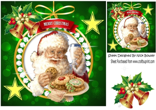 Lovely santa with his cookies and christmas bell with holly 8x8
