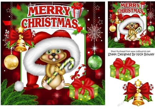 Cute mouse in santa hat with candy cane in festive frame 8x8