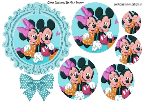 Cute minnie and mouse in ornate frame pyramids with turq dotty bow