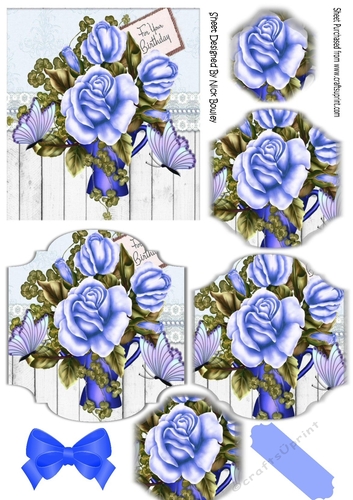 pretty  blue floral arrangement, lace& butterflies bracket pyramids