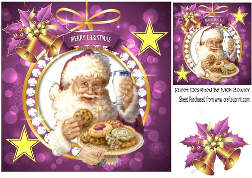 Lovely santa with his cookies and christmas pink bells with holly 8x8