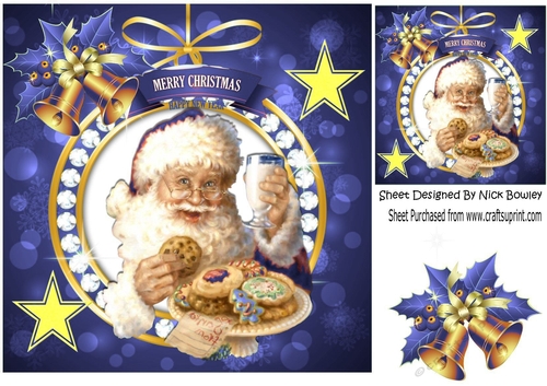 Lovely santa with his cookies and christmas blue bells with holly 8x8