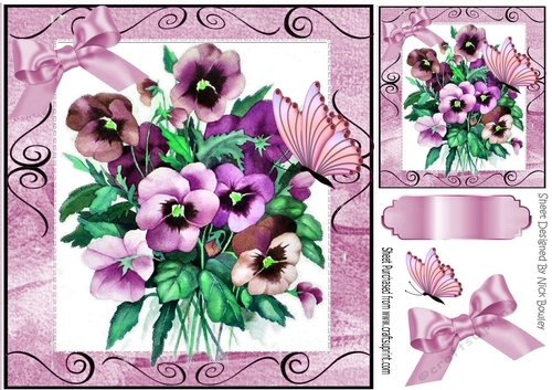 Pretty shades of pink pansies with butterfly 8x8