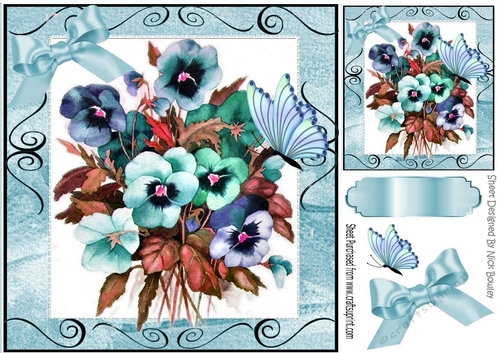 Pretty shades of blue pansies with butterfly 8x8