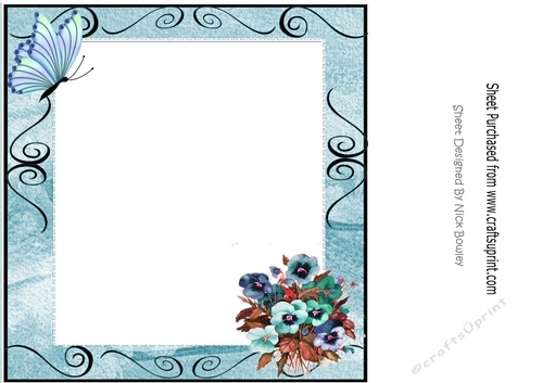 Pretty shades of blue pansies with butterfly 8x8 insert