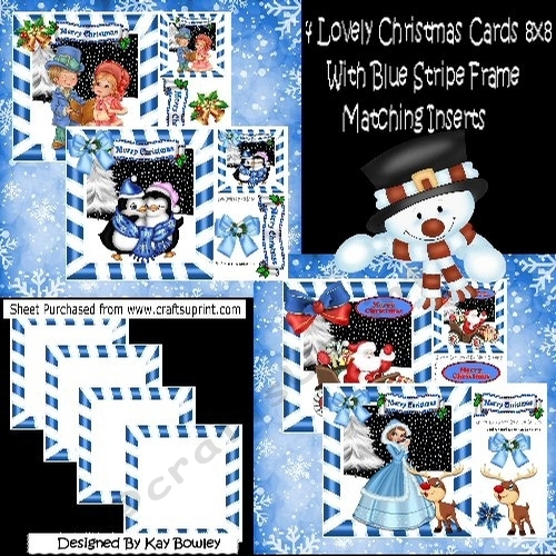 4 Lovely Christmas cards 8x8  in blue stripe frames bumper kit