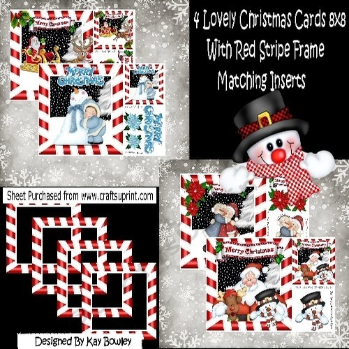 4 Lovely Christmas cards 8x8  in red stripe frames bumper kit
