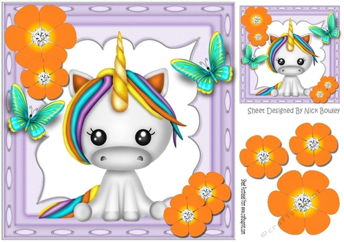 Pretty rainbow unicorn with butterflies and gold flowers 8x8