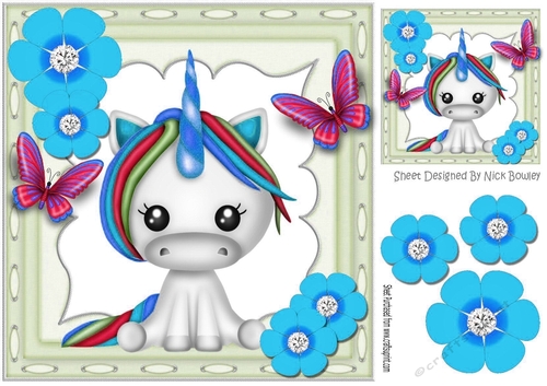 Pretty rainbow unicorn with butterflies and blue flowers 8x8