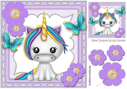 Pretty rainbow unicorn with butterflies and purple flowers 8x8