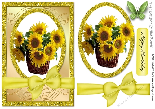 pretty yellow sunflowers in a basket in gold glitter frame A5