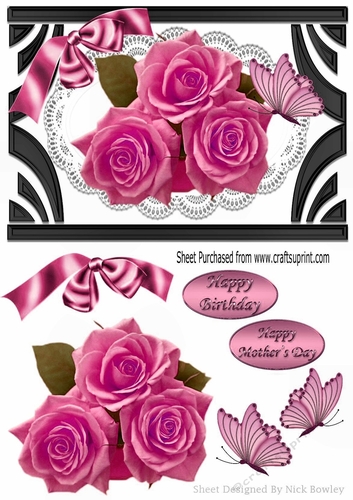 Ornate Art Deco frame with pink roses & butterflies A5