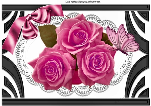 Ornate Art Deco frame with pink roses & butterflies A4