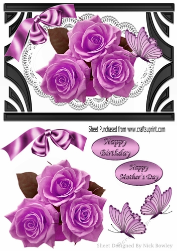 Ornate Art Deco frame with lilac roses & butterflies A5