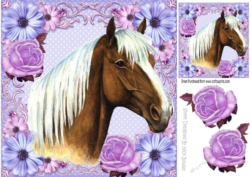 pretty palomina horse with lilac flowers and roses 8x8