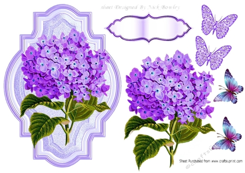 lovey ornate frame with purple hydrangeas and butterflies