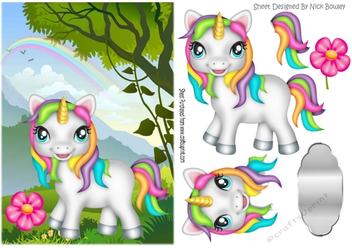 Gorgeous little rainbow unicorn in the meadow with rainbow