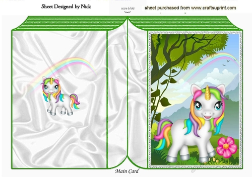 Gorgeous little rainbow unicorn in the meadow with rainbow folded book