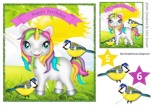 Gorgeous little rainbow unicorn in the meadow with little birds 8x8