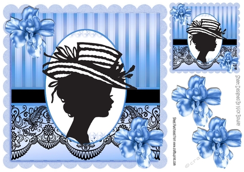 Classy silhouette lady in hat with blue flowers & black lace 8x8 