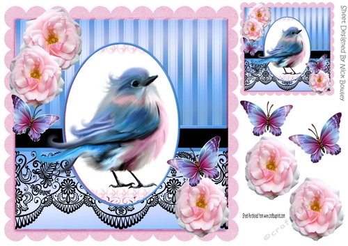 pretty blue bird with pink roses and butterflies with black lace 8x8