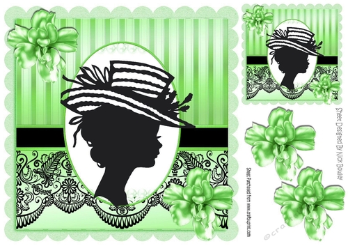 Classy silhouette lady in hat with green flowers & black lace 8x8