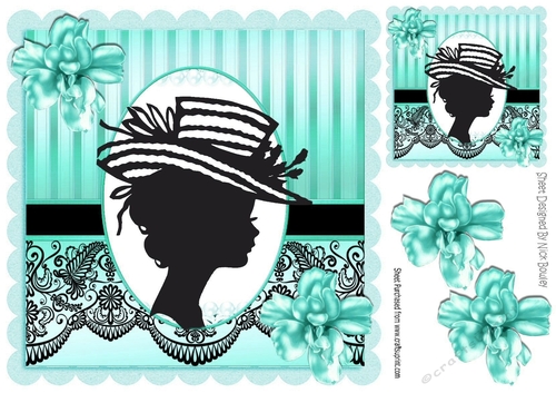 Classy silhouette lady in hat with turq flowers & black lace 8x8