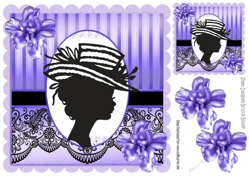 Classy silhouette lady in hat with purple flowers & black lace 8x8