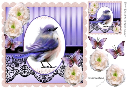 pretty lilac bird with cream roses and butterflies with black lace 8x8