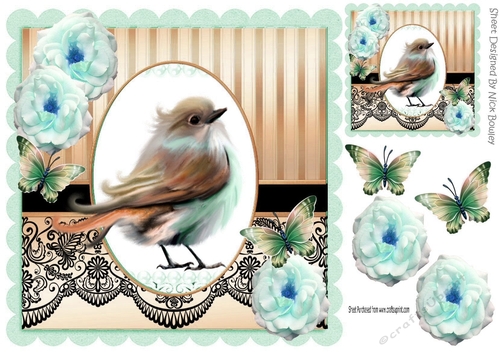 pretty brown bird with turq roses and butterflies with black lace 8x8
