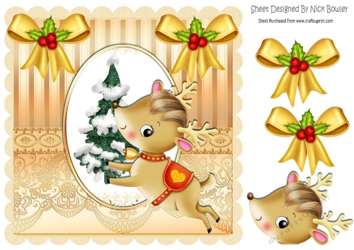 cute little reindeer with gold berry bows 8x8