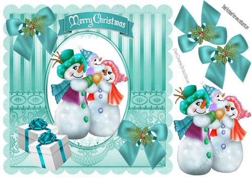 snowman family with bows & holly 8x8