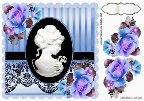 pretty black cameo with blue shades of roses  & black lace 8x8