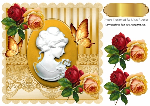 Pretty gold cameo lady with vintage red/gold roses 8x8