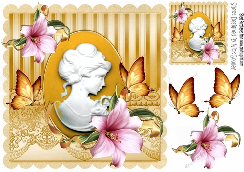 Pretty gold cameo lady with pink lilies and butterflies 8x8