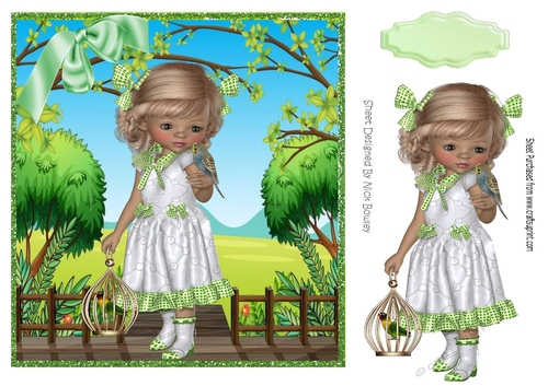 sweet little girl with her budgie & cage 8x8