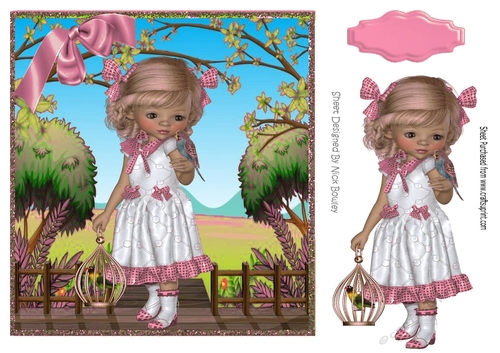 sweet little girl with her budgie & cage and pink bows 8x8