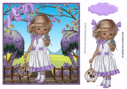 sweet little girl with her budgie & cage and purple bows 8x8