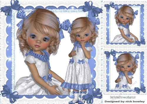 sweet little girl with her budgie & cage and blue bows 8x8