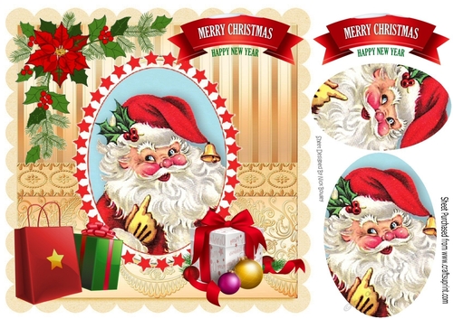Santa with lots of presents oval pyramids with poinsettias 8x8