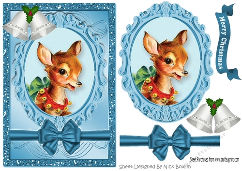 lovely reindeer card front in glitter oval topper