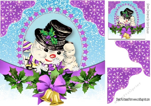 snowman with christmas bells and purple bow 8x8