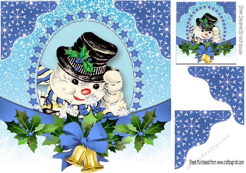 snowman with christmas bells and blue bow bow 8x8
