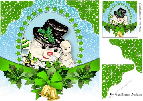 snowman with christmas bells and green bow bow 8x8