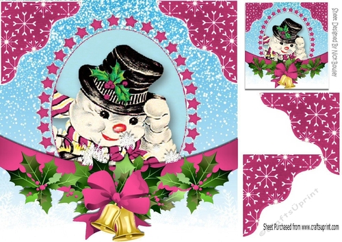 snowman with christmas bells and pink bow bow 8x8