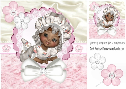 Cute little baby girl in bonnet with pink fur 8x8