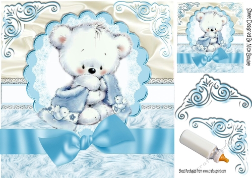 teddy cuddles with blue bow on lace & fur 8x8