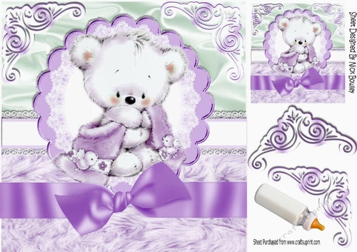 teddy cuddles with purple bow on lace & fur 8x8