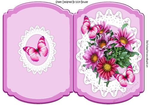 pretty pink flowers with butterflies on oval lace bracket card