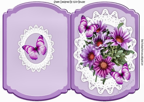 pretty lilac flowers with butterflies on oval lace bracket card